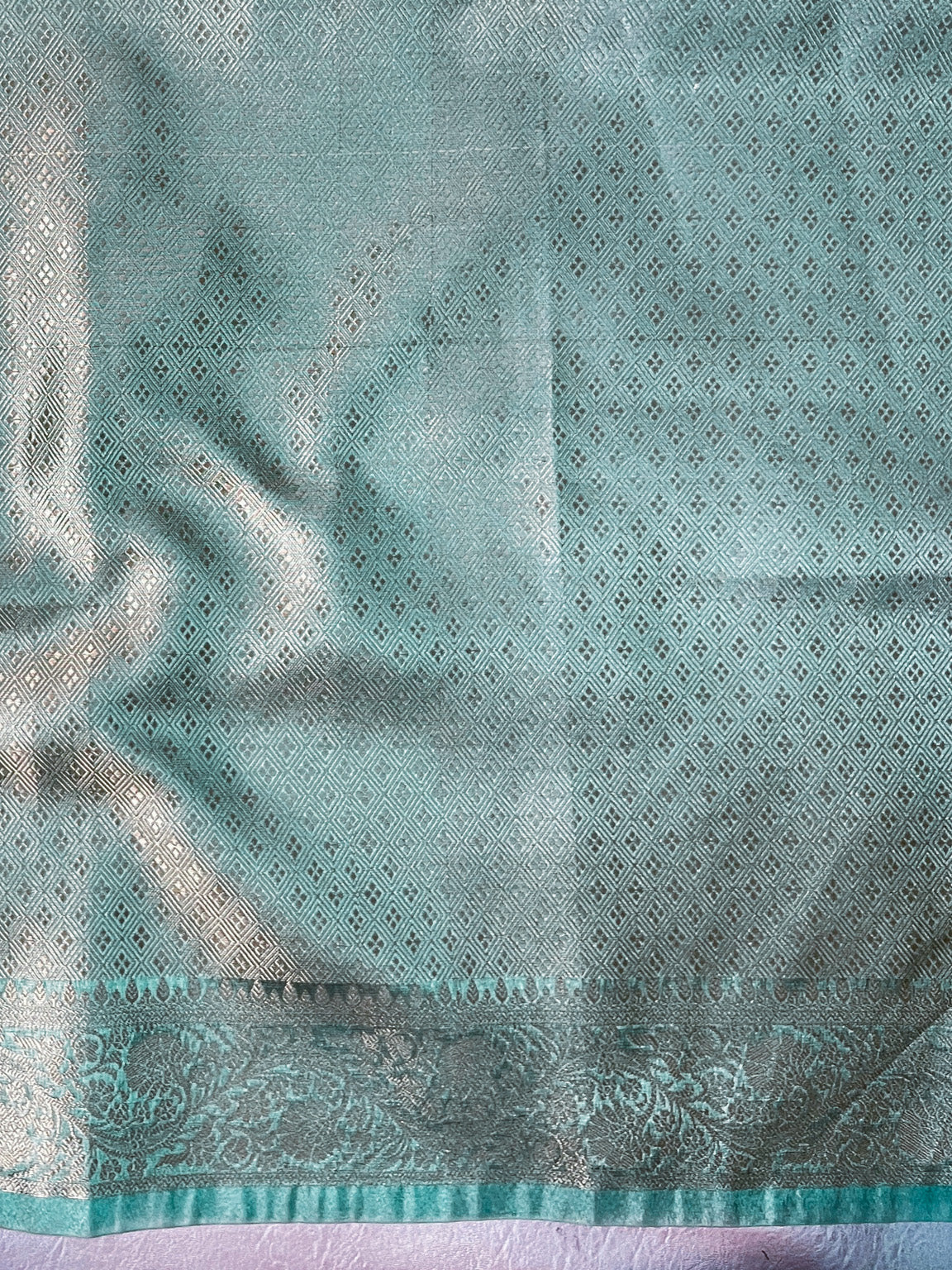 Banarasee Handloom Tissue Saree With Zari Buti Design Floral Border & Lace-Pastel Green