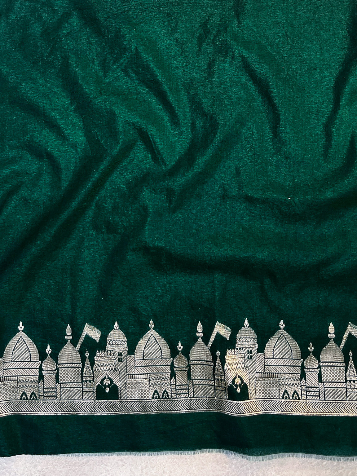 Banarasee Handloom Soft Silk Saree With Trishul Design Ganga Ghat Border & Lace-Green