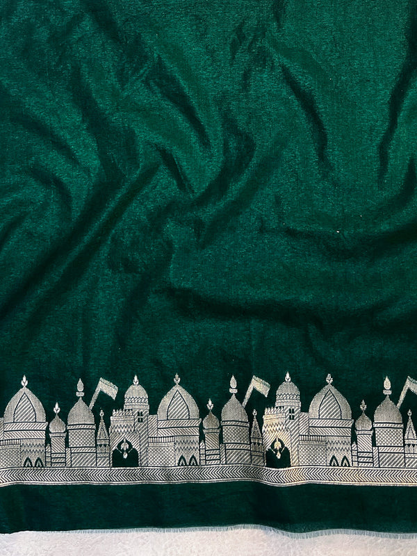 Banarasee Handloom Soft Silk Saree With Trishul Design Ganga Ghat Border & Lace-Green