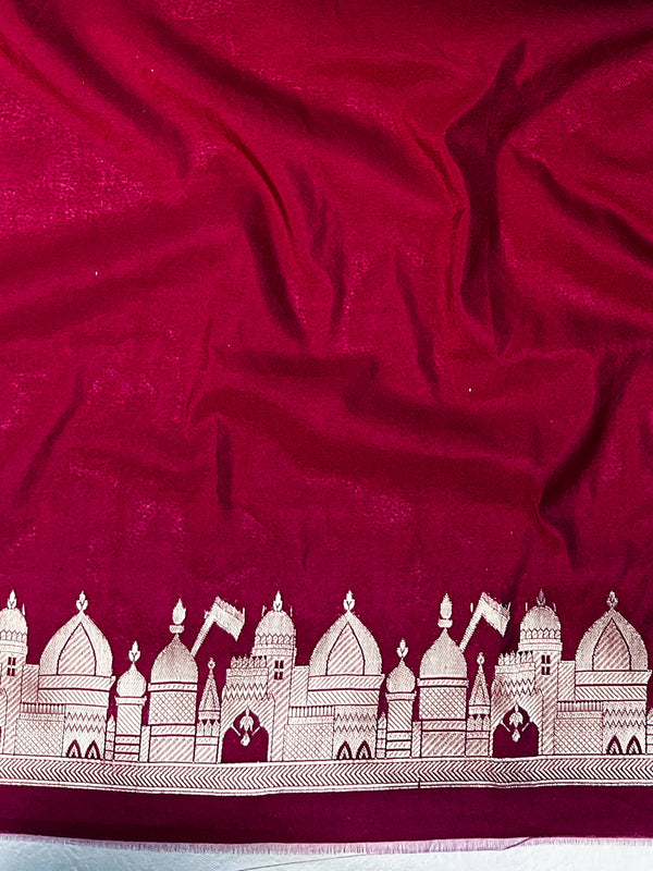 Banarasee Handloom Soft Silk Saree With Trishul Design Ganga Ghat Border & Lace-Maroon