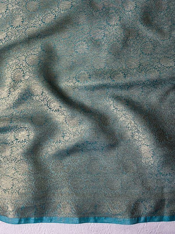 Banarasee Handloom Dual Tone Shimmer Tissue Saree With Buti Design Zari Border & Lace-Pastel Green