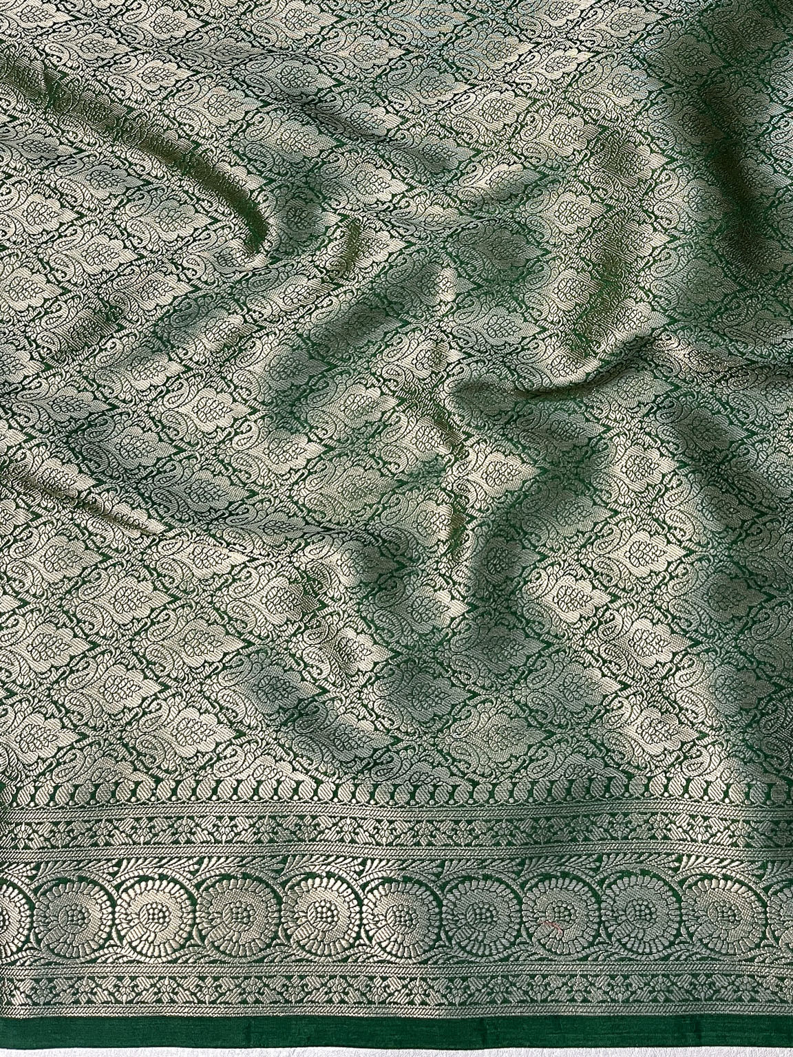 Banarasee Handloom Semi Silk Saree With Zari Buti Design & Floral Border-Green