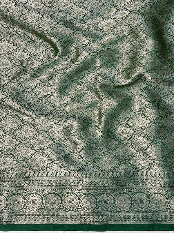 Banarasee Handloom Semi Silk Saree With Zari Buti Design & Floral Border-Green