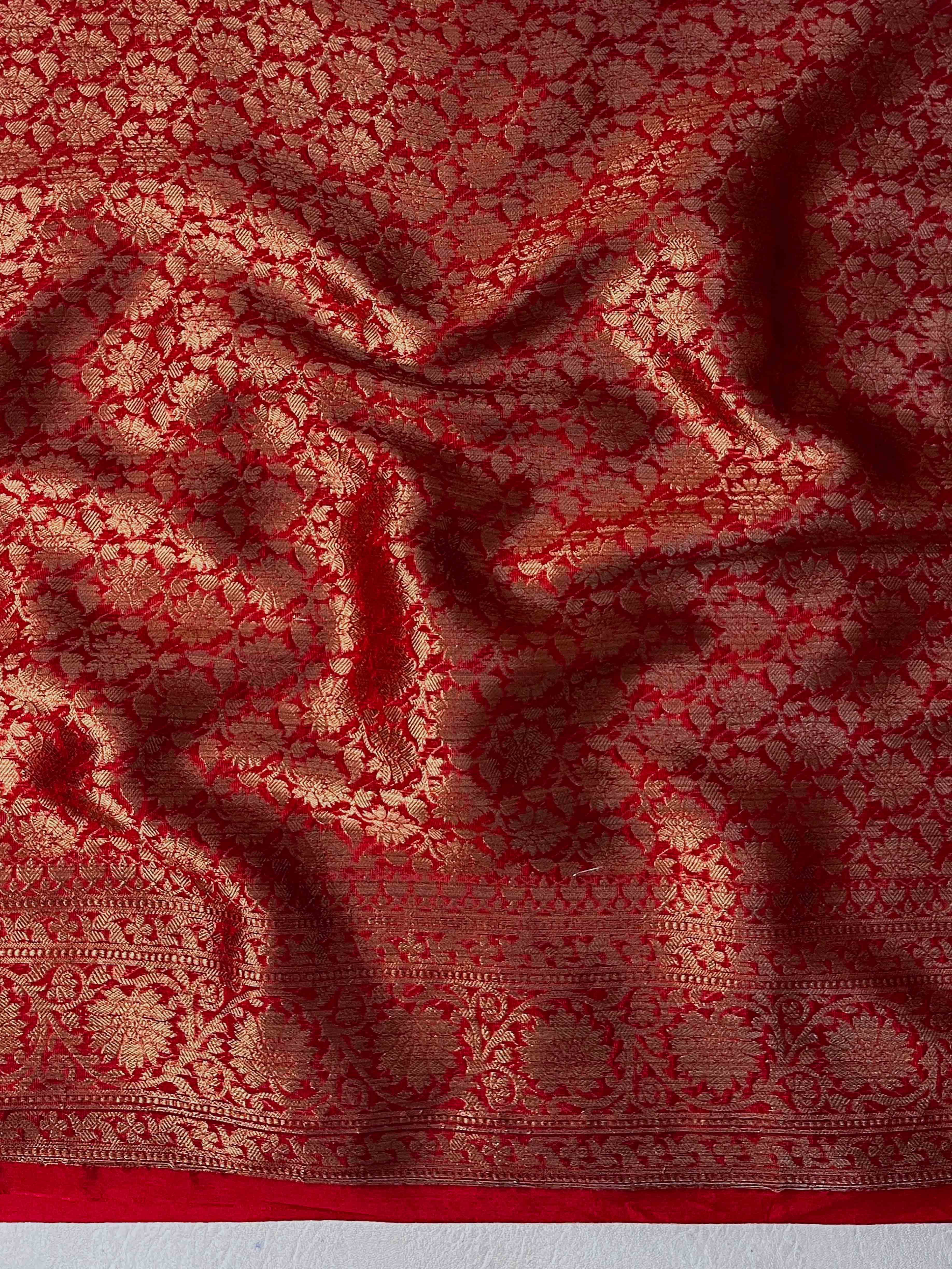 Banarasee Handwoven Georgette Saree With Zari Buta Design & Floral Border-Red