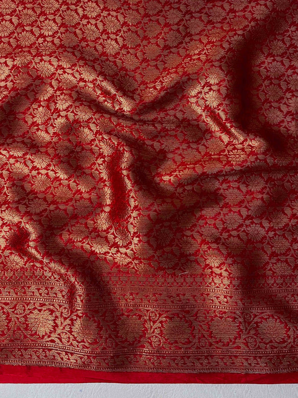 Banarasee Handwoven Georgette Saree With Zari Buta Design & Floral Border-Red