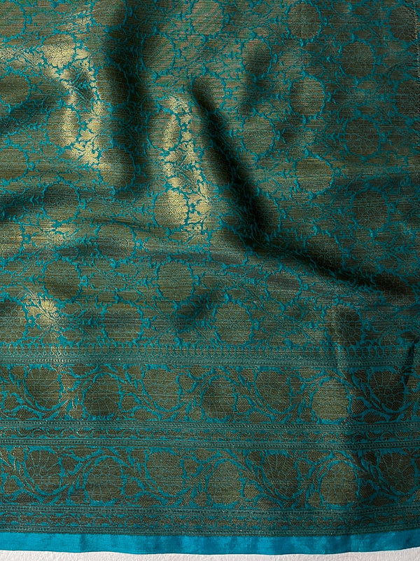 Banarasee Handwoven Georgette Saree With Antique Zari Jaal Design & Floral Border-Turquoise Green