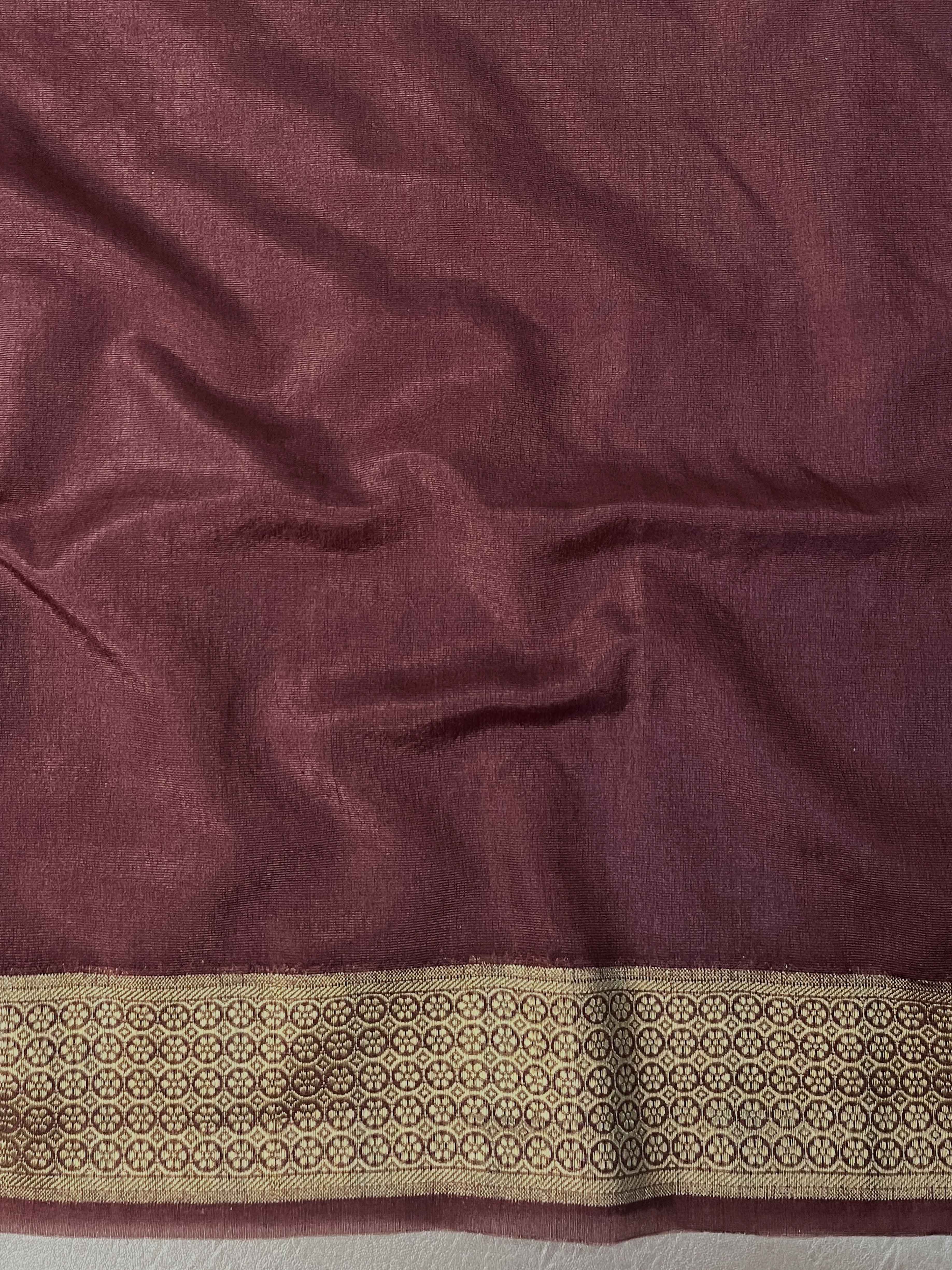 Banarasee Handloom Semi Silk Saree With Sona Rupa Zari Buti Design & Border-Mauve