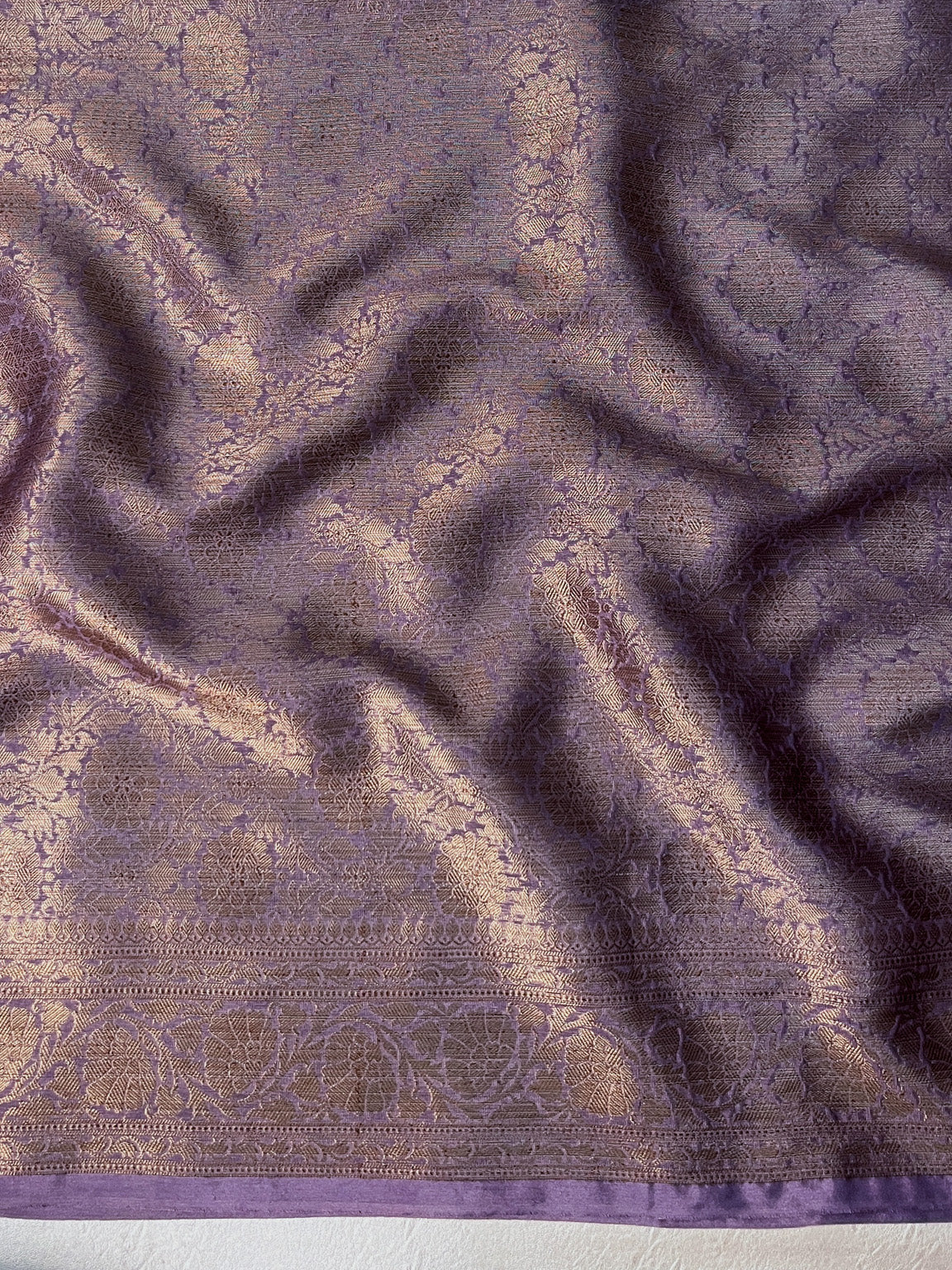 Banarasee Handwoven Georgette Saree With Antique Zari Buta Design & Floral Border-Mauve