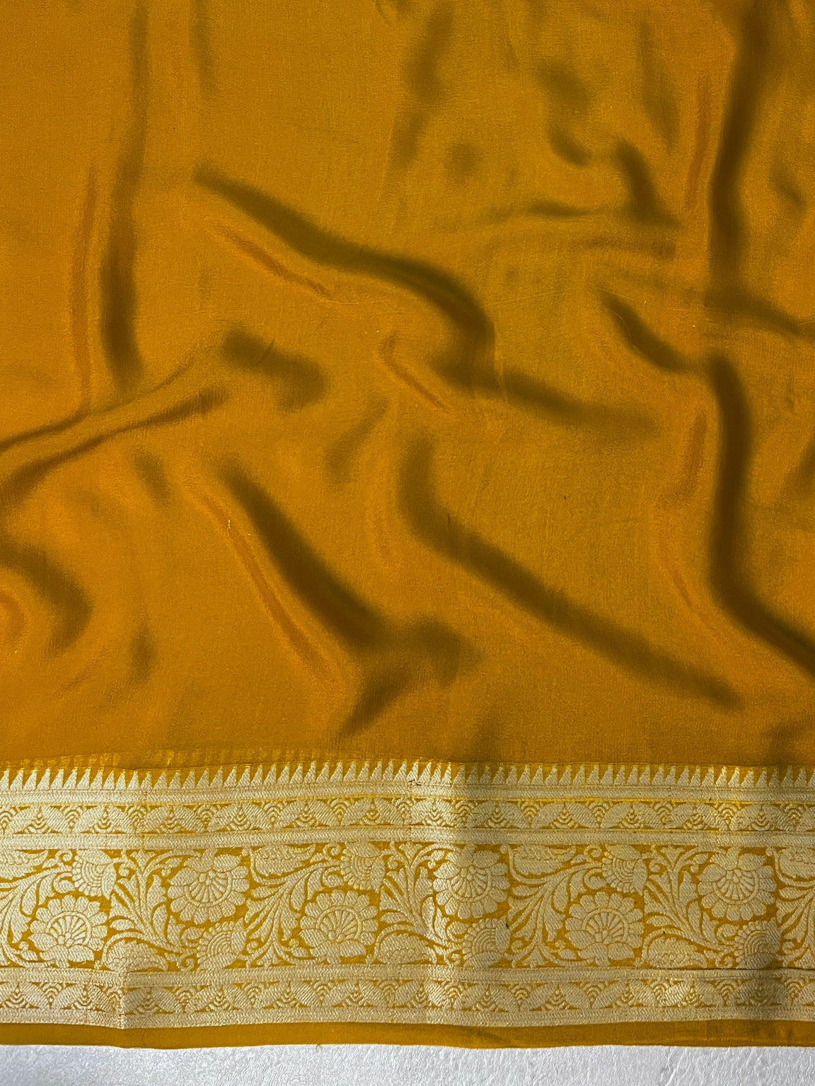 Banarasee Pure Chiffon Saree With Gold Zari Buta Work & Border-Mustard Yellow