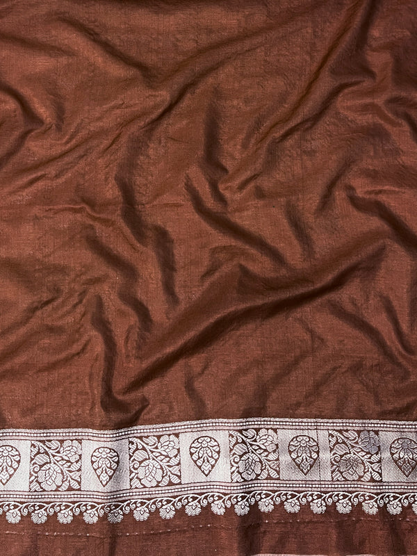 Banarasee Handloom Semi Silk Tissue Saree With Handwoven Zari Design & Border-Earthy Brown