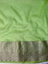 Banarasee Handloom Organza Mix Plain Saree With Zari Border & Lace-Lime Green