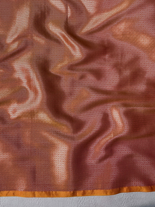 Banarasee Handloom Dual Tone Semi Silk Saree With Zari Buta Design & Floral Border-Coral Orange