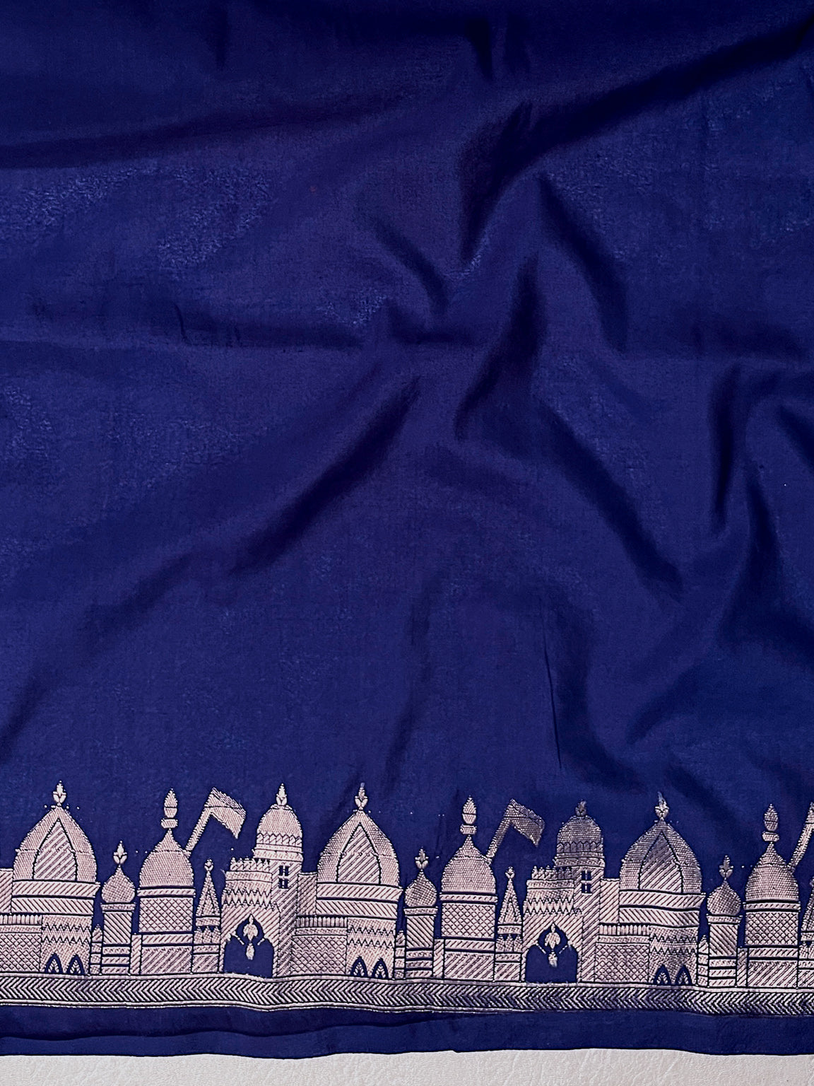 Banarasee Handloom Soft Silk Saree With Trishul Design Ganga Ghat Border & Lace-Blue