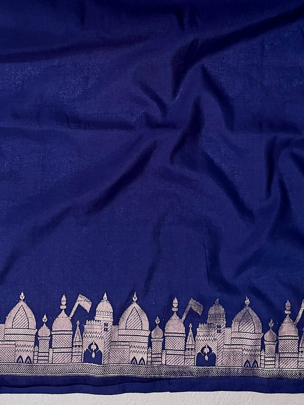 Banarasee Handloom Soft Silk Saree With Trishul Design Ganga Ghat Border & Lace-Blue