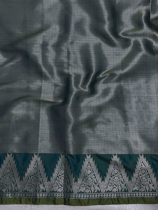 Banarasee Handloom Dual Tone Semi Silk Saree With Zari Border-Teal Green