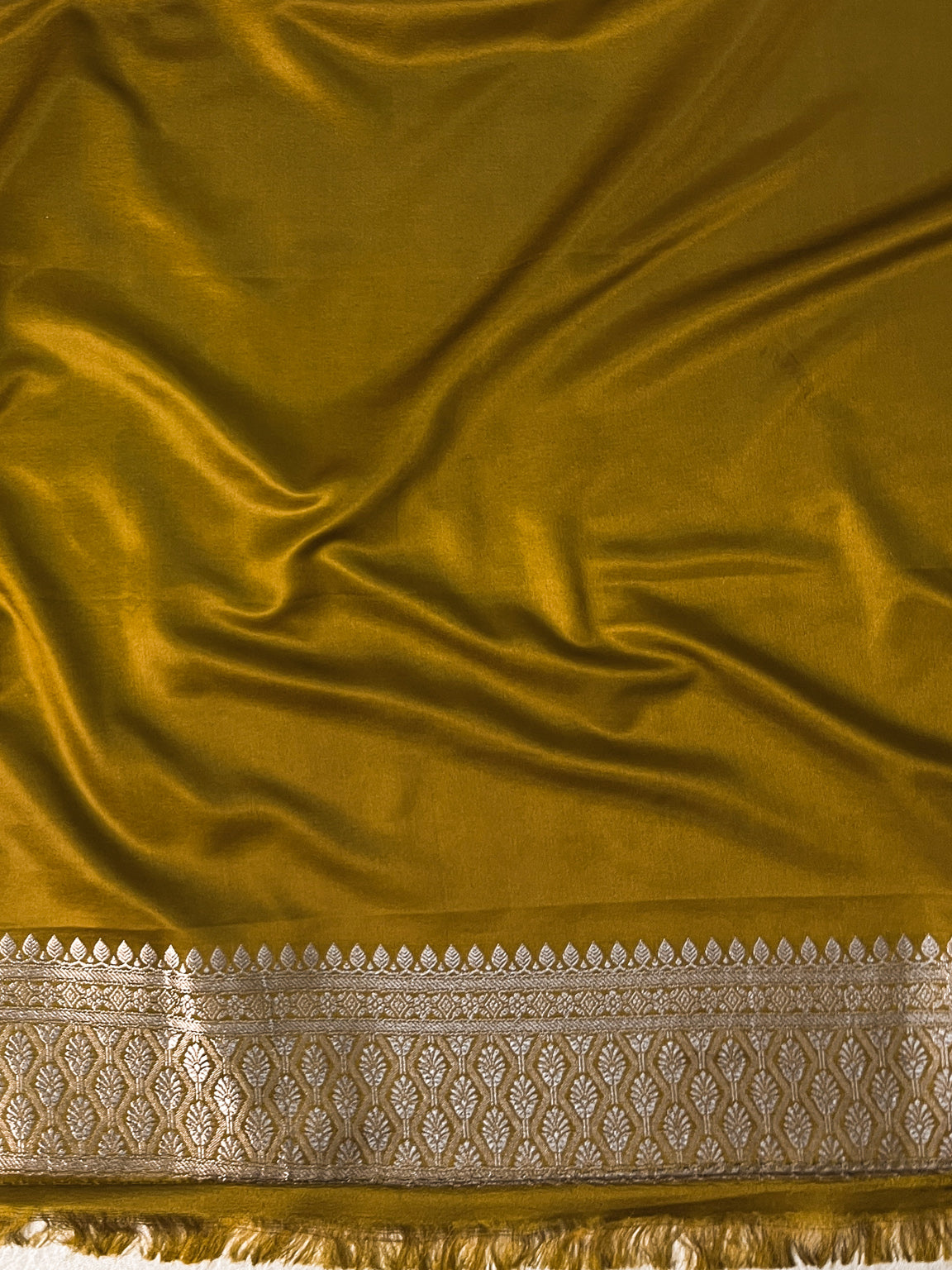 Banarasee Handloom Mashru Silk Saree With Buti Design Zari Border & Lace-Mustard Yellow