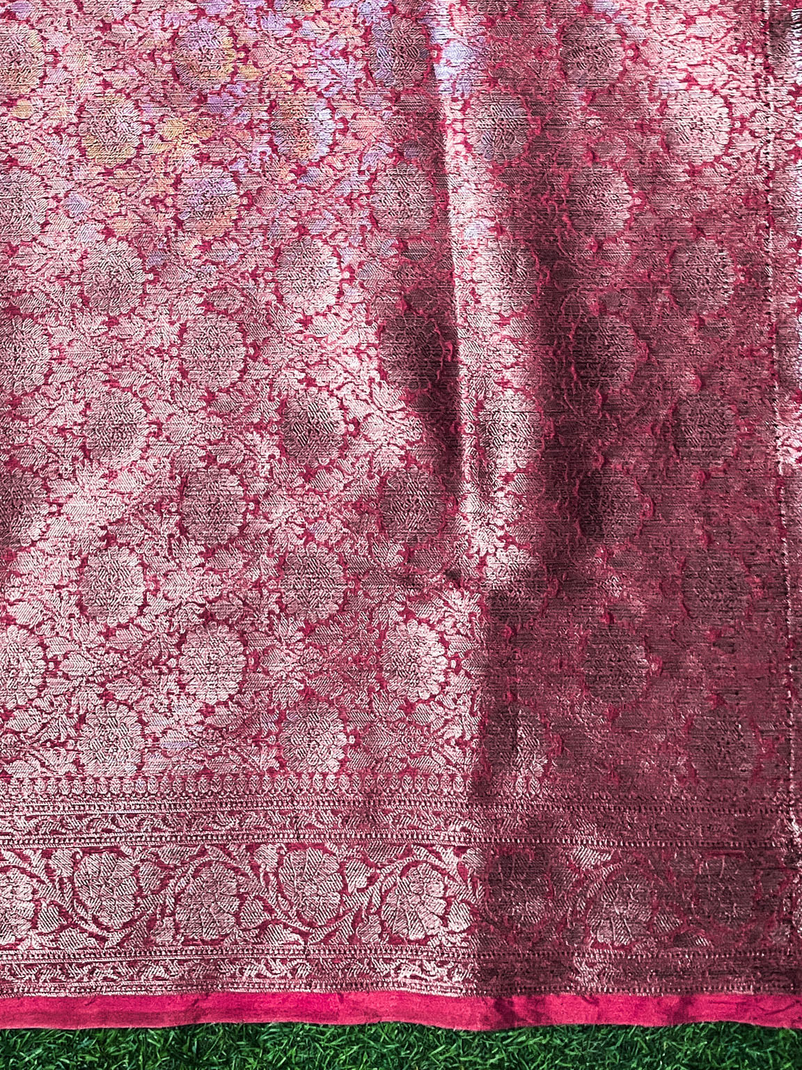 Banarasee Handloom Semi Silk Saree With Antique Zari Buta Design & Floral Border-Pink