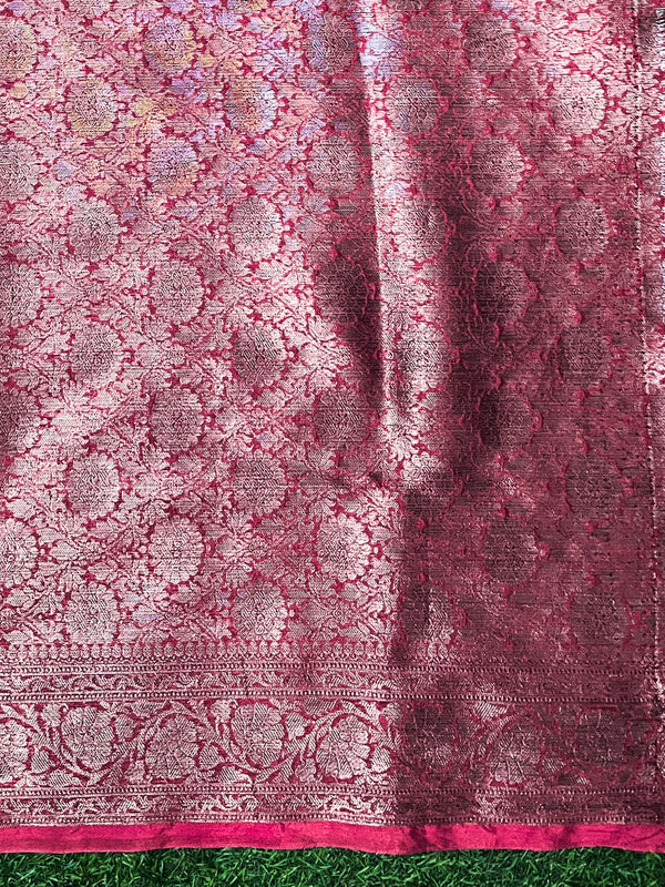 Banarasee Handloom Semi Silk Saree With Antique Zari Buta Design & Floral Border-Pink