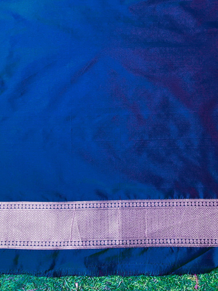 Banarasee Handloom Semi Katan Saree With Zari Buta Work & Border-Blue