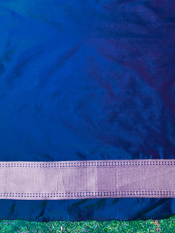 Banarasee Handloom Semi Katan Saree With Zari Buta Work & Border-Blue