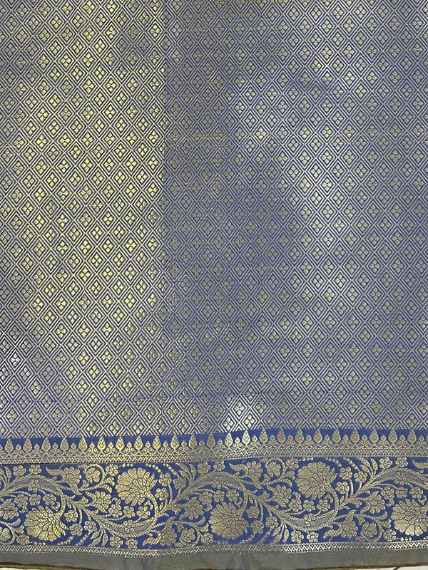 Banarasee Handloom Dual Shade Semi Silk Saree With Zari Buti Work & Floral Border-Blue