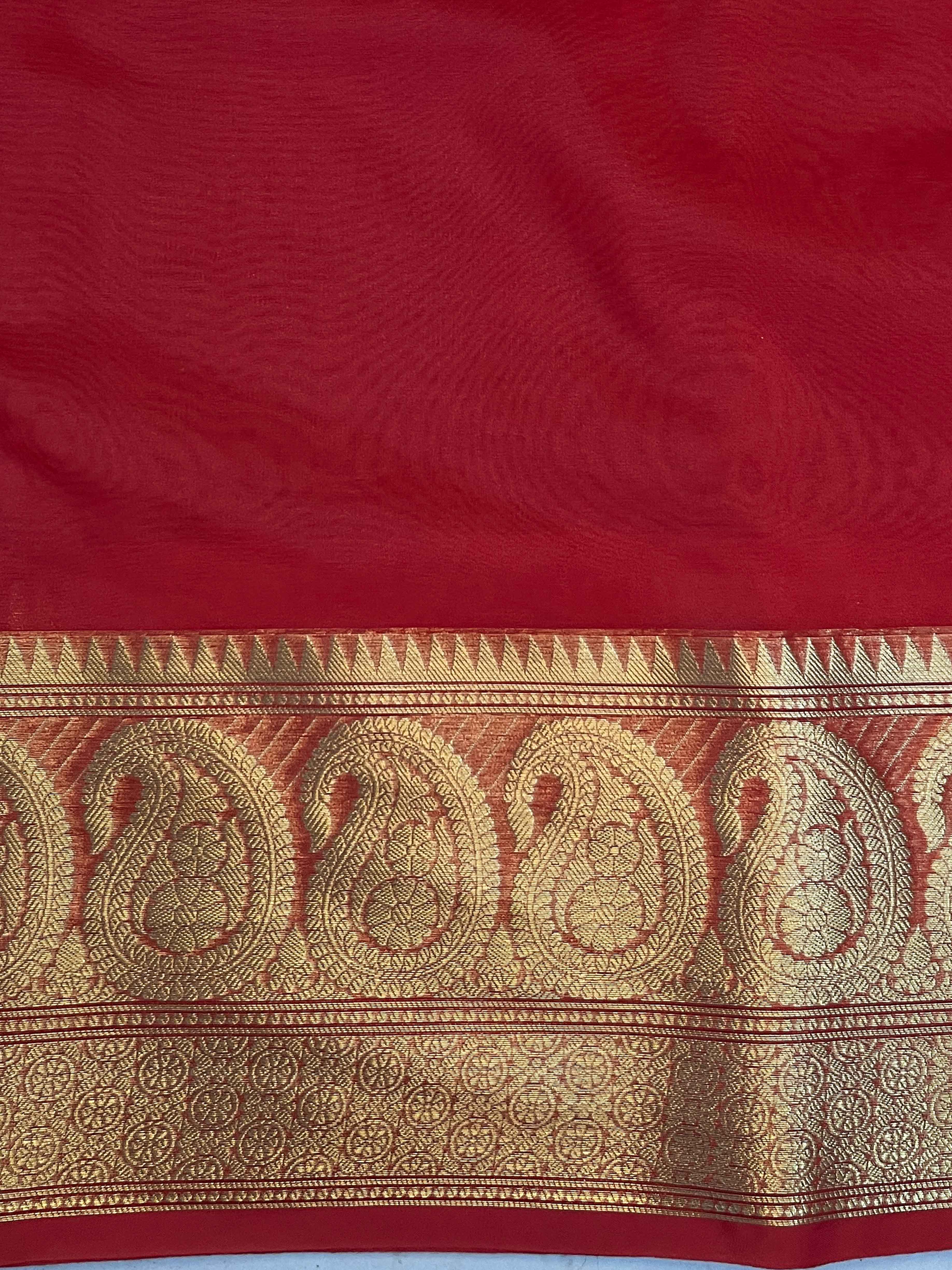Banarasee Organza Mix Saree With Zari Border-Red