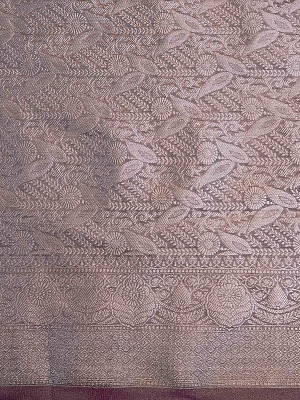 Banarasee Handwoven Plain Tissue Saree With Zari Border & Lace-Lilac