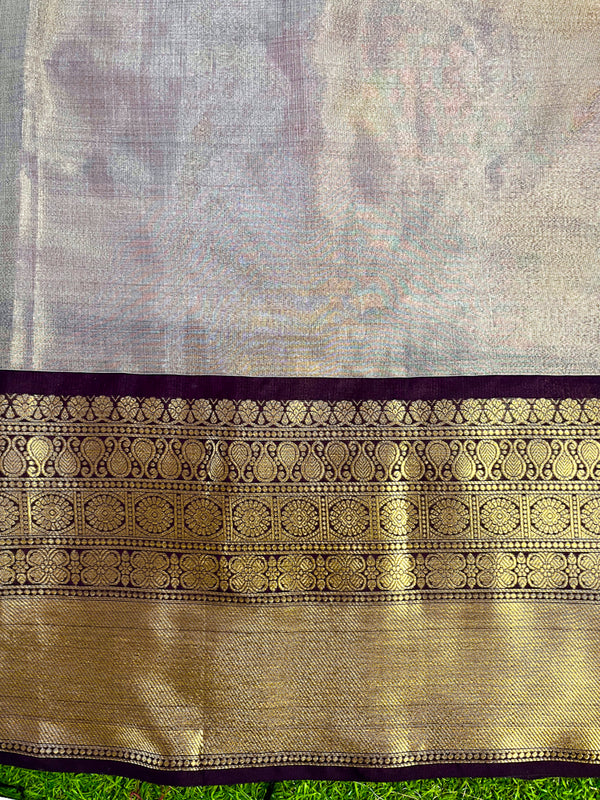 Banarasee Handloom Tissue Saree With Digital Floral Prints & Broad Border-Cream & Purple