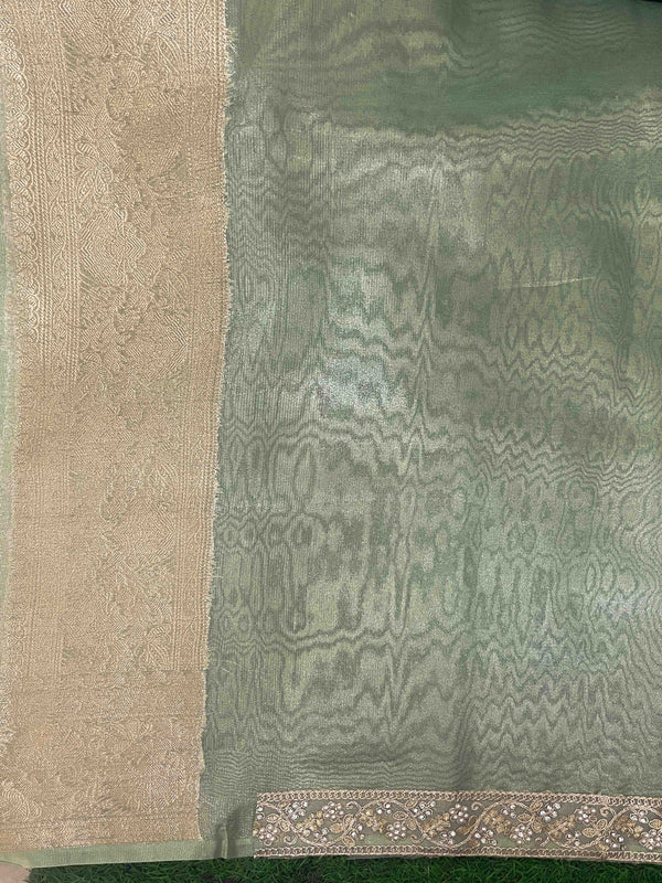 Banarasee Handloom Tissue Saree With Zari Buti Design Border & Lace-Pastel Green