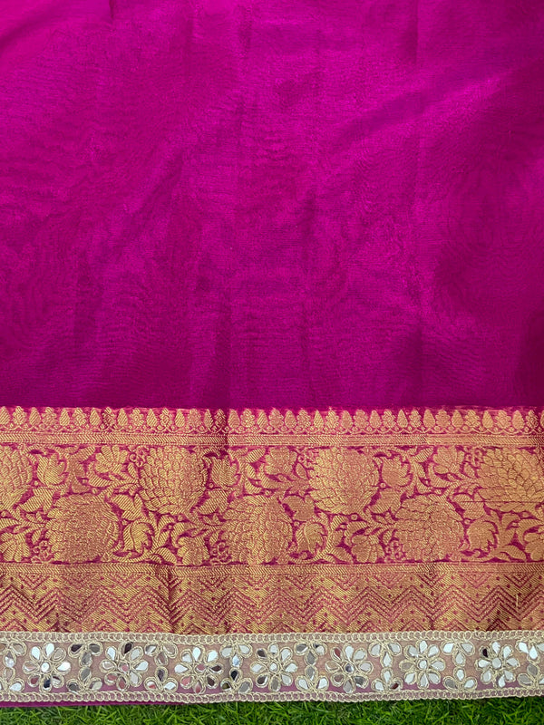 Banarasee Handloom Plain Tissue Saree With Zari Border & Lace-Deep Magenta