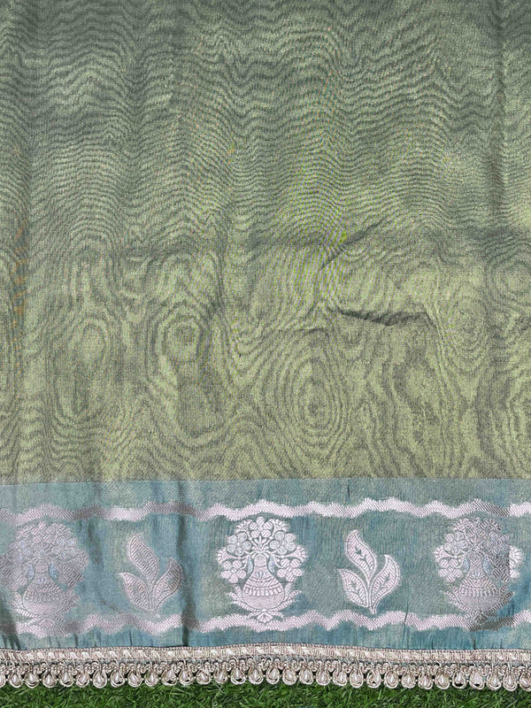 Banarasee Handloom Tissue Saree With Buti Design Contrast Border & Lace-Light Green
