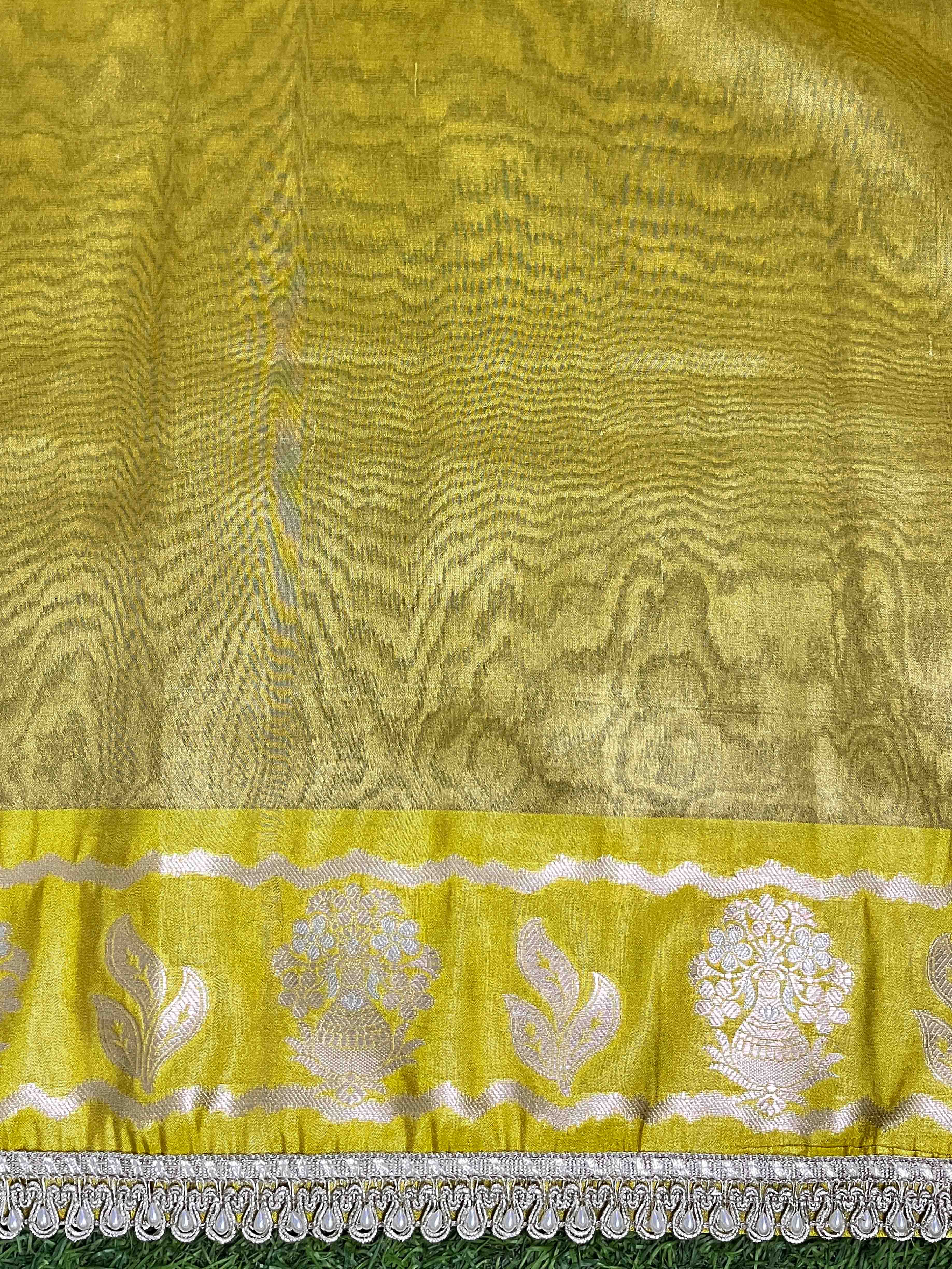 Banarasee Handloom Tissue Saree With Buti Design Contrast Border & Lace-Yellow