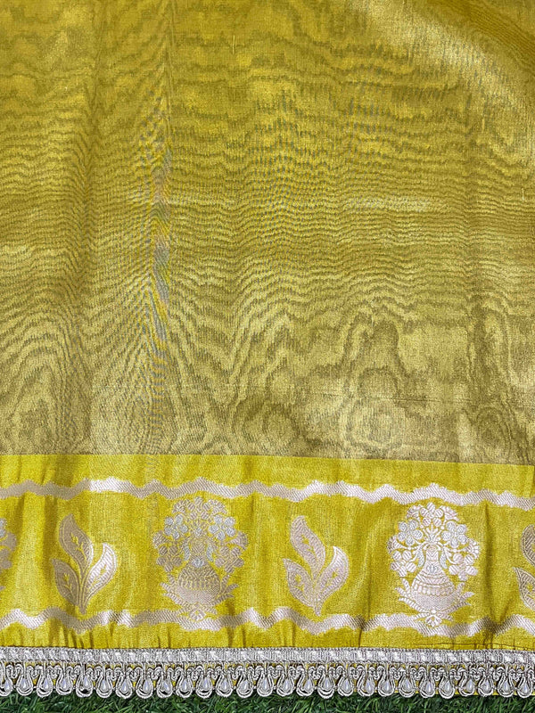 Banarasee Handloom Tissue Saree With Buti Design Contrast Border & Lace-Yellow