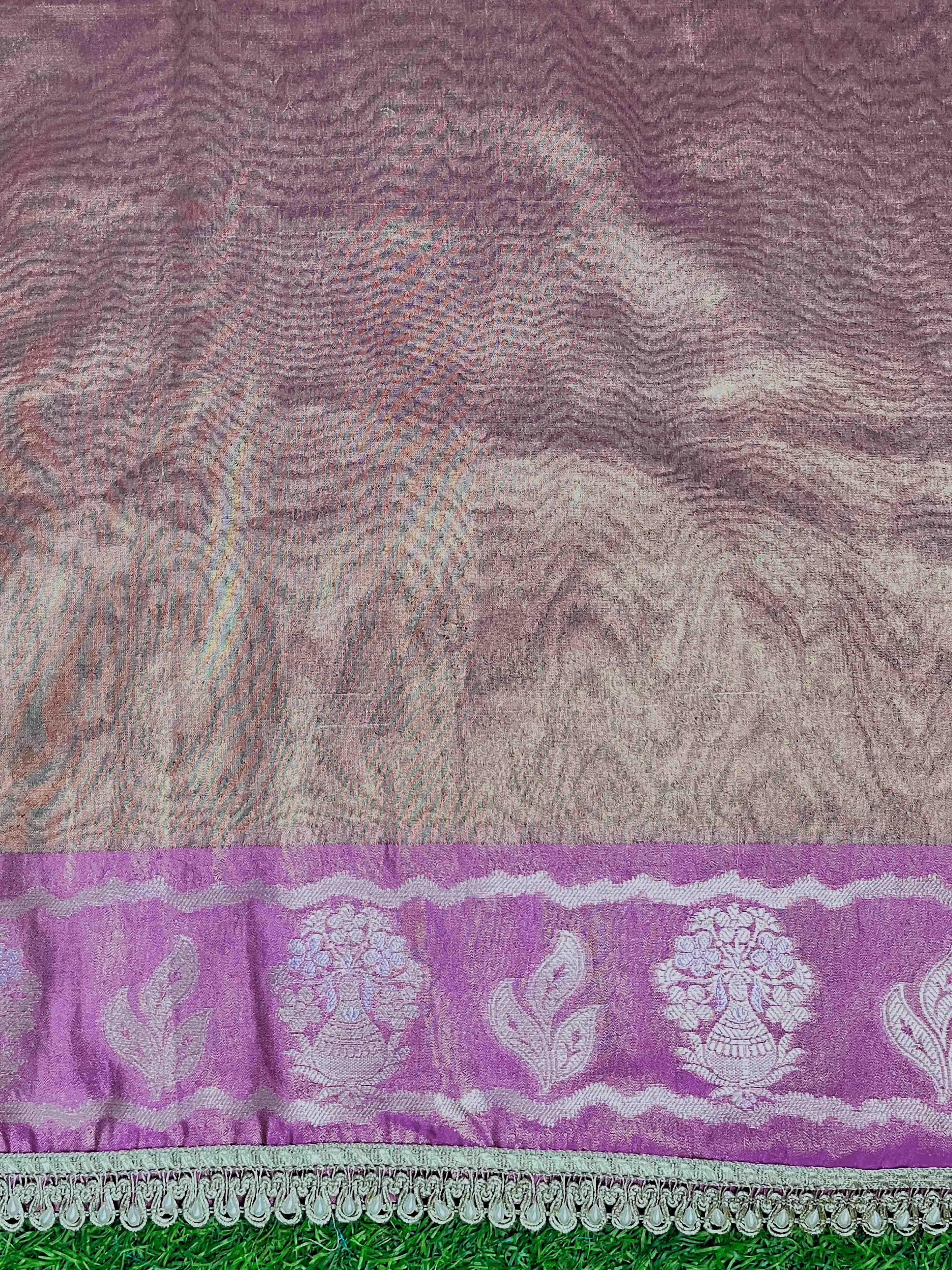 Banarasee Handloom Tissue Saree With Buti Design Contrast Border & Lace-Lilac