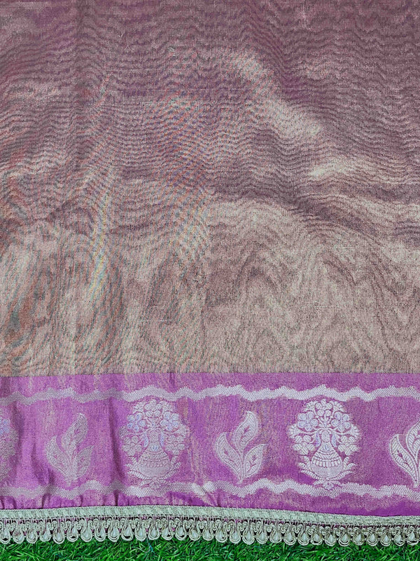 Banarasee Handloom Tissue Saree With Buti Design Contrast Border & Lace-Lilac
