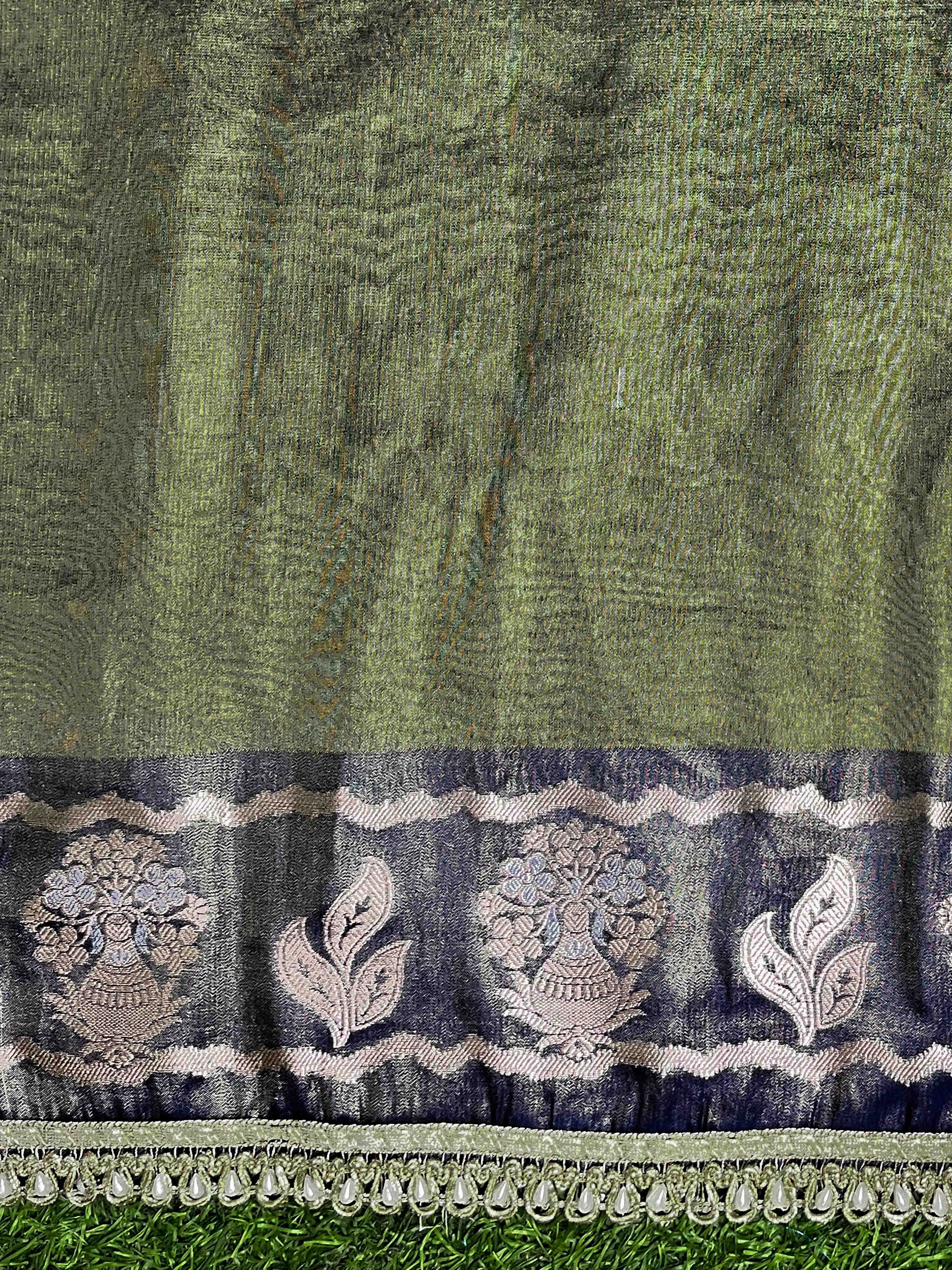 Banarasee Handloom Tissue Saree With Buti Design Contrast Border & Lace-Olive Green