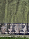 Banarasee Handloom Tissue Saree With Buti Design Contrast Border & Lace-Olive Green