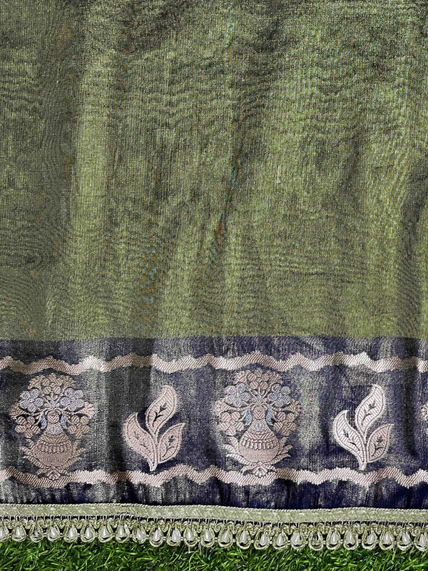 Banarasee Handloom Tissue Saree With Buti Design Contrast Border & Lace-Olive Green