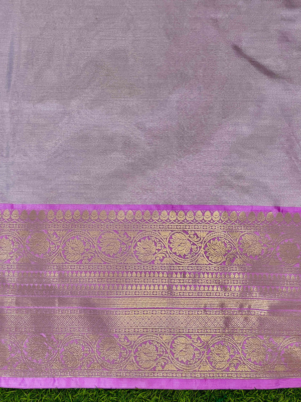 Banarasee Handloom Tissue Saree With Digital Floral Prints & Broad Border-Cream & Lavender