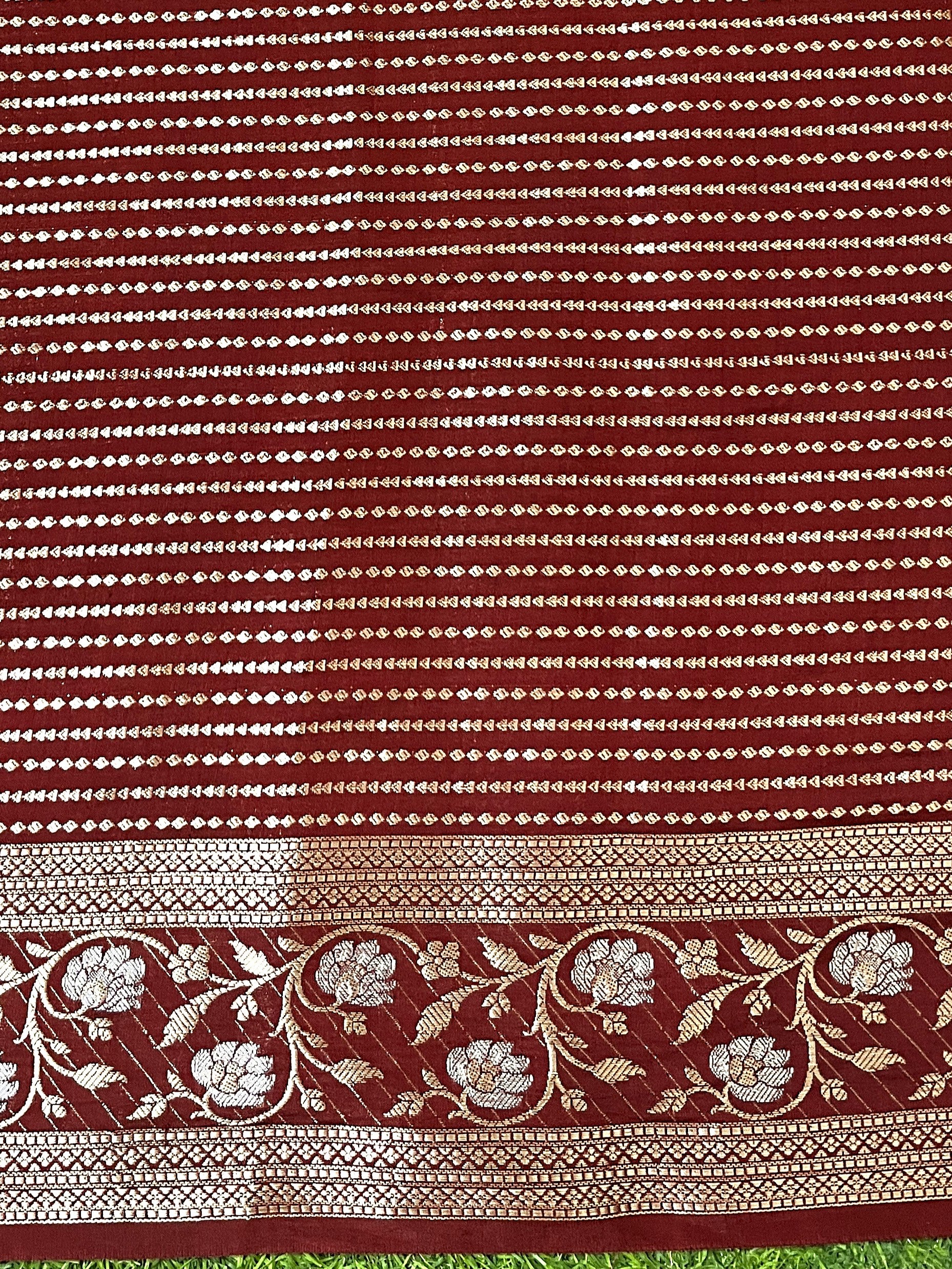 Banarasee Handloom Pure Chiniya Silk Saree With Sona Rupa Zari Work & Contrast Floral Border-Green & Maroon