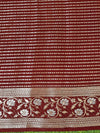 Banarasee Handloom Pure Chiniya Silk Saree With Sona Rupa Zari Work & Contrast Floral Border-Green & Maroon