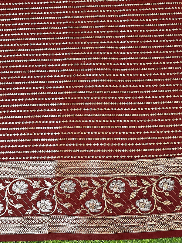 Banarasee Handloom Pure Chiniya Silk Saree With Sona Rupa Zari Work & Contrast Floral Border-Green & Maroon