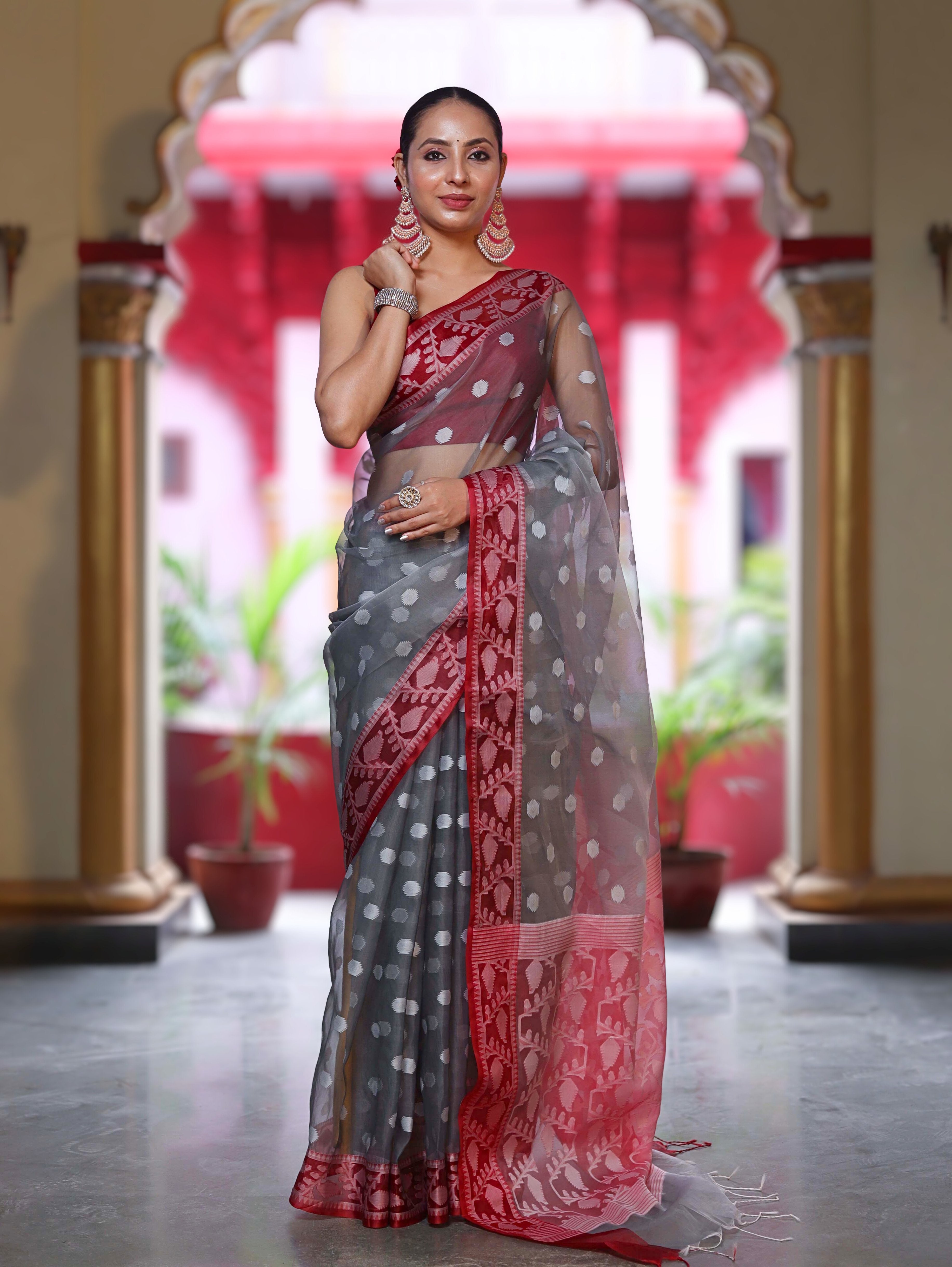 Banarasee Organza Mix Saree With Resham Work & Contrast Border-Grey & Maroon