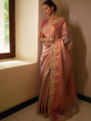 Banarasee Handwoven Tissue Zari Jaal Design Saree With Broder & Lace-Pink