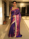 Banarasee Handwoven Tissue Saree With Zari Jaal Design & Border Lace-Blue