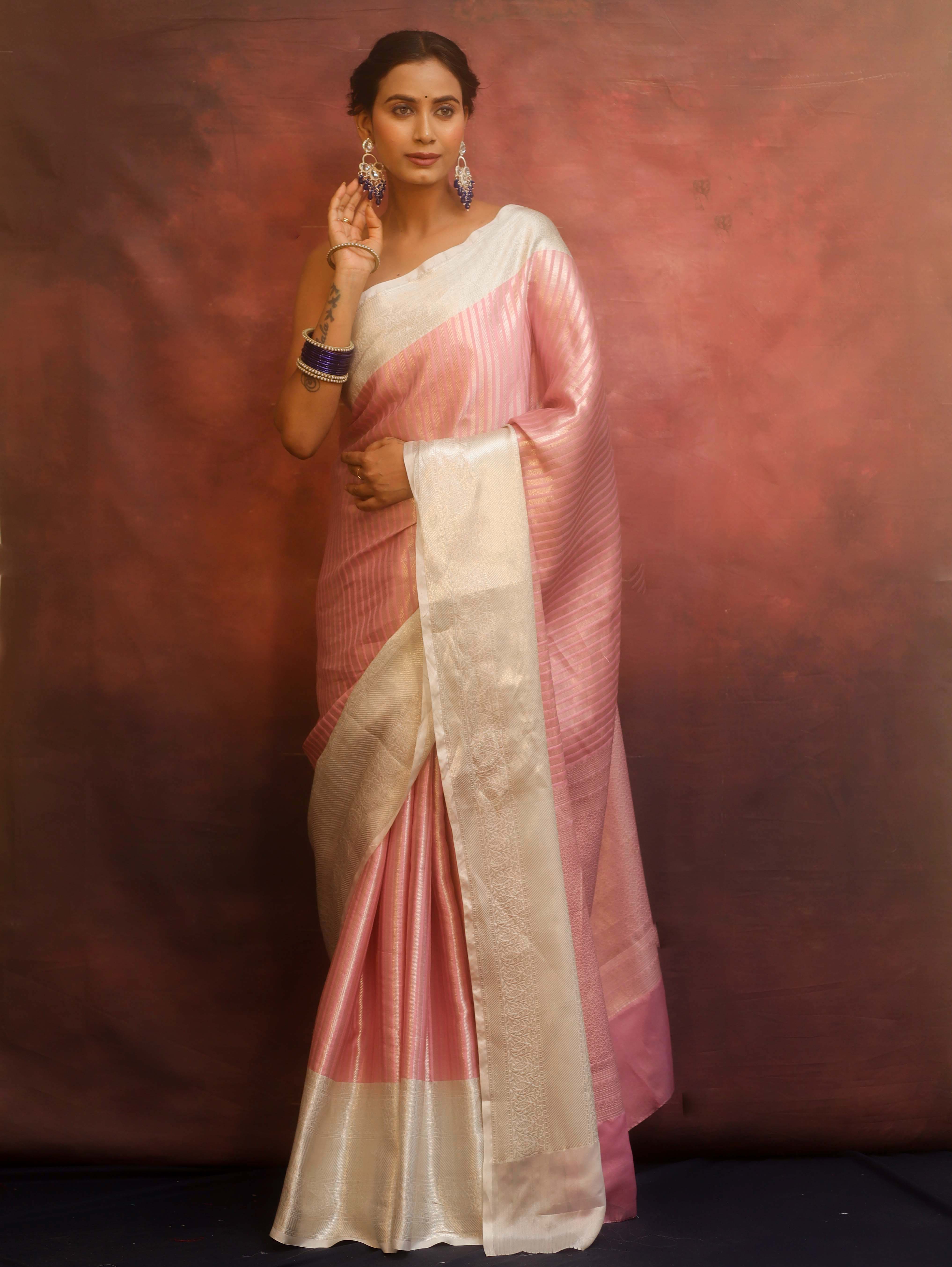 Banarasee Handwoven Tissue Saree With Stripes Zari Design & Broad Broder-Pink & White