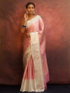 Banarasee Handwoven Tissue Saree With Stripes Zari Design & Broad Broder-Pink & White