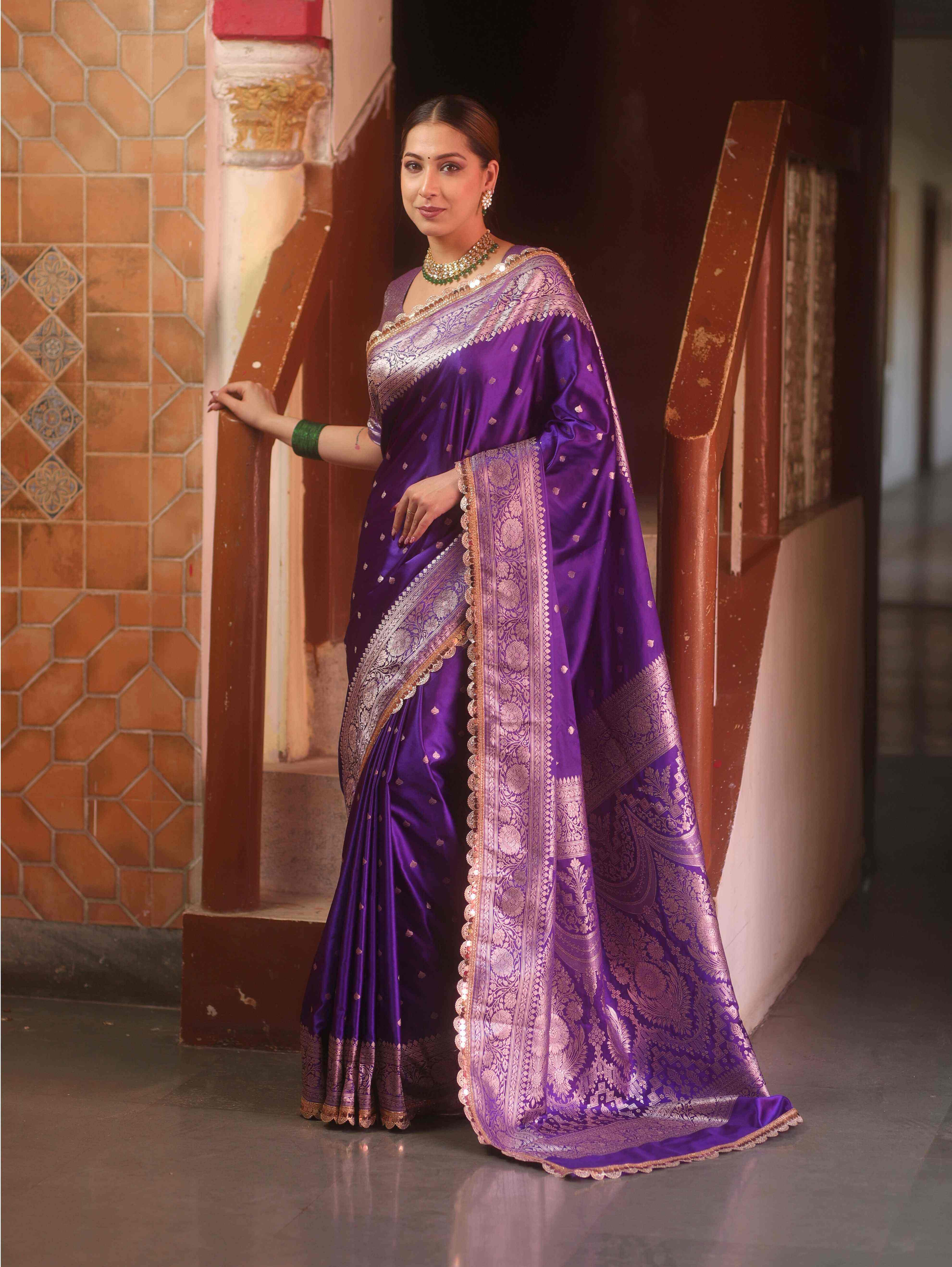 Banarasee Handloom Mashru Silk Saree Zari Border With Lace-Violet