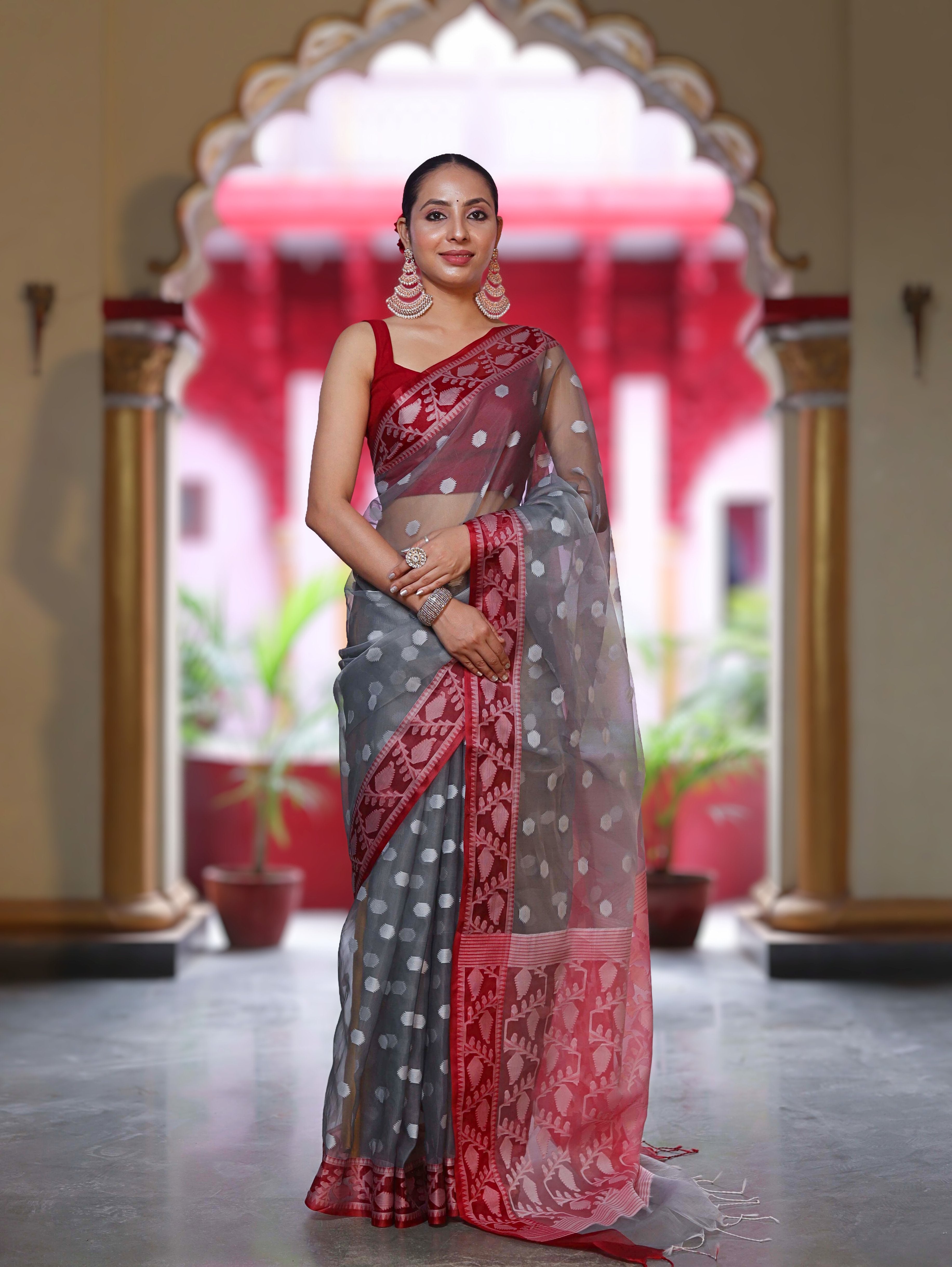 Banarasee Organza Mix Saree With Resham Work & Contrast Border-Grey & Maroon