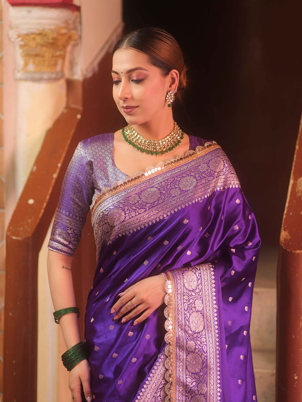Banarasee Handloom Mashru Silk Saree Zari Border With Lace-Violet